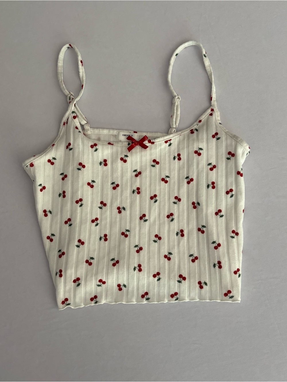 Forever 21 White Ribbed Cherry-Print Tanktop with Red Bow Size XS